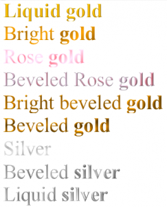 samples of metallic text in gold and silver
