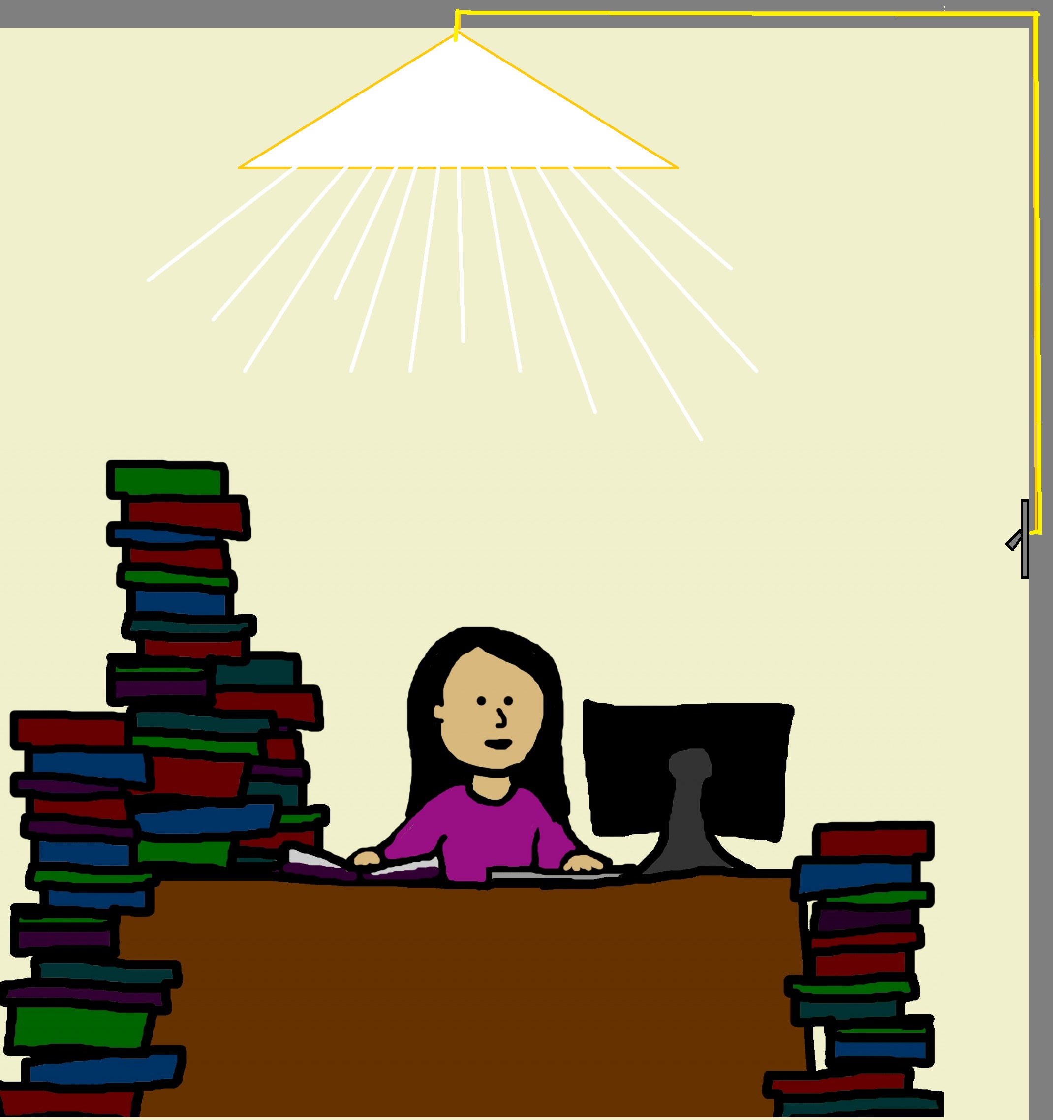 cartoon of woman at desk with books, under a ceiling lamp. There is a switch on the wall and wires run up the wall and across the ceiling to the light.